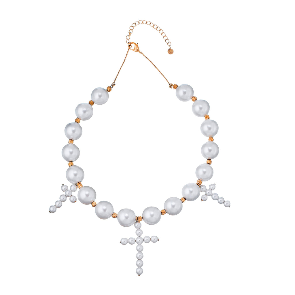 QUOD Triple Cross Fresh Water Pearl Necklace