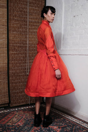 TANGERINE RUFFLE NECK TIE DRESS