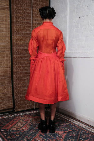 TANGERINE RUFFLE NECK TIE DRESS