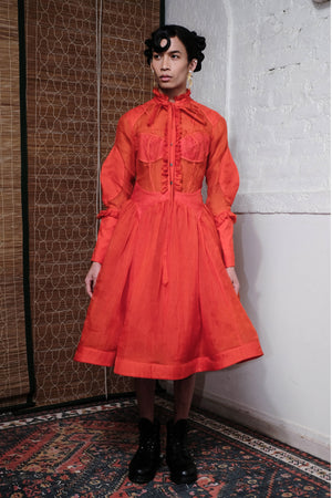 TANGERINE RUFFLE NECK TIE DRESS