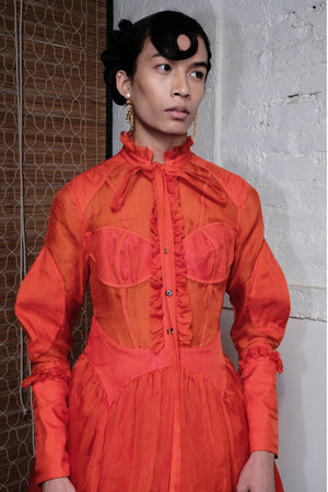TANGERINE RUFFLE NECK TIE DRESS