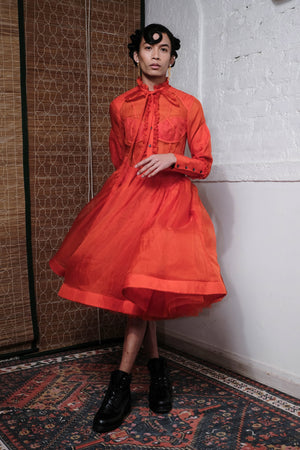 TANGERINE RUFFLE NECK TIE DRESS