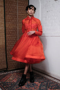 TANGERINE RUFFLE NECK TIE DRESS