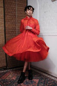 TANGERINE RUFFLE NECK TIE DRESS