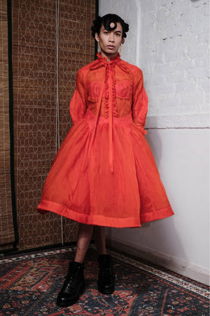 TANGERINE RUFFLE NECK TIE DRESS