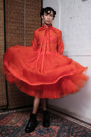 TANGERINE RUFFLE NECK TIE DRESS