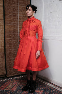 TANGERINE RUFFLE NECK TIE DRESS