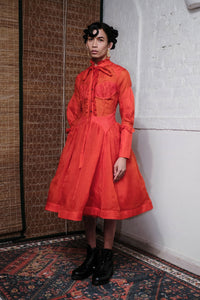 TANGERINE RUFFLE NECK TIE DRESS