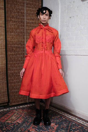 TANGERINE RUFFLE NECK TIE DRESS