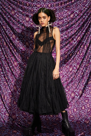 SIREN DRESS WITH DETACHABLE UNDERSKIRT IN BLACK