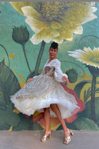 QUOD LABEL PRINT SKIRT Ft. Thalia Castro-Vega