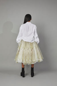 QUOD LABEL PRINT SKIRT Ft. Thalia Castro-Vega