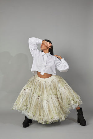 QUOD LABEL PRINT SKIRT Ft. Thalia Castro-Vega
