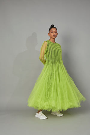 CHI KUYNH BOTTLEBRUSH TULLE DRESS LIME