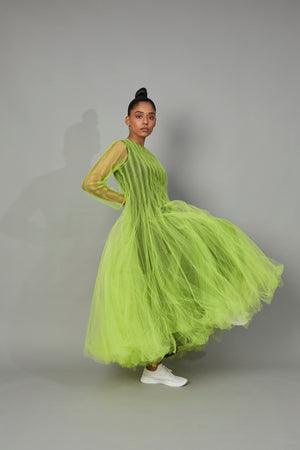 CHI KUYNH BOTTLEBRUSH TULLE DRESS LIME