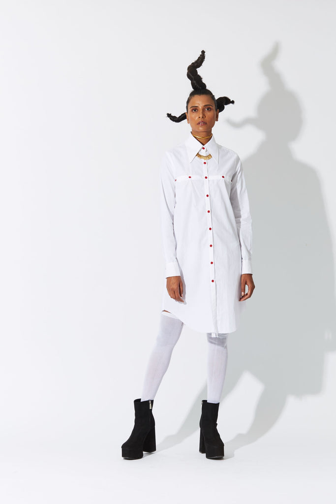 Cross Placket Shirt Dress White