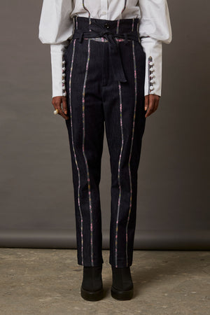 DENIM PANTS WITH HANDWOVEN BANARASI BROCADE DETAILS IN GREY