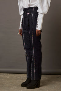 DENIM PANTS WITH HANDWOVEN BANARASI BROCADE DETAILS IN GREY