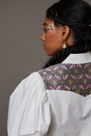 RELAXED WOLF WING POPLIN SHIRT WITH BANARASI BROCADE YOKE