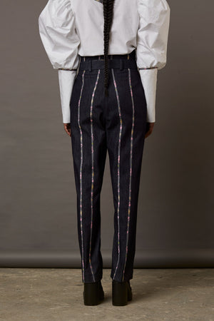 DENIM PANTS WITH HANDWOVEN BANARASI BROCADE DETAILS IN GREY