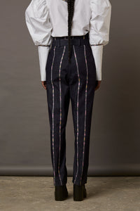 DENIM PANTS WITH HANDWOVEN BANARASI BROCADE DETAILS IN GREY
