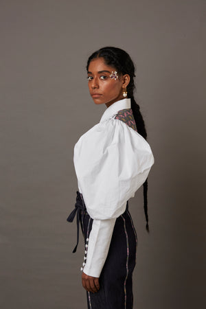RELAXED WOLF WING POPLIN SHIRT WITH BANARASI BROCADE YOKE