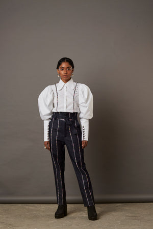 DENIM PANTS WITH HANDWOVEN BANARASI BROCADE DETAILS IN GREY