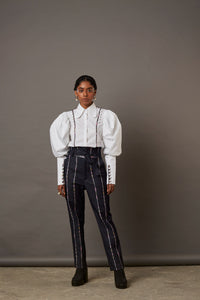 DENIM PANTS WITH HANDWOVEN BANARASI BROCADE DETAILS IN GREY