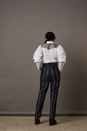 DENIM PANTS WITH HANDWOVEN BANARASI BROCADE DETAILS IN GREY