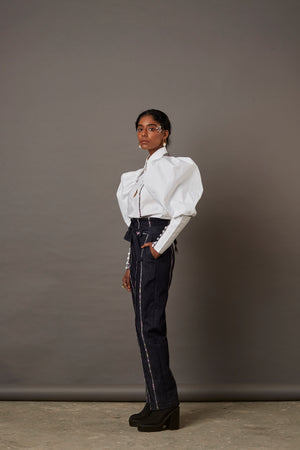 RELAXED WOLF WING POPLIN SHIRT WITH BANARASI BROCADE YOKE