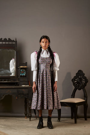 SUITING AND HANDWOVEN BANARASI BROCADE PANEL DRESS IN GREY