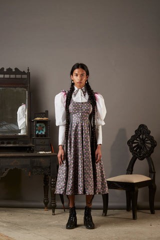 SUITING AND HANDWOVEN BANARASI BROCADE PANEL DRESS IN GREY