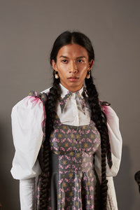 SUITING AND HANDWOVEN BANARASI BROCADE PANEL DRESS IN GREY