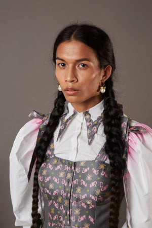 SUITING AND HANDWOVEN BANARASI BROCADE PANEL DRESS IN GREY