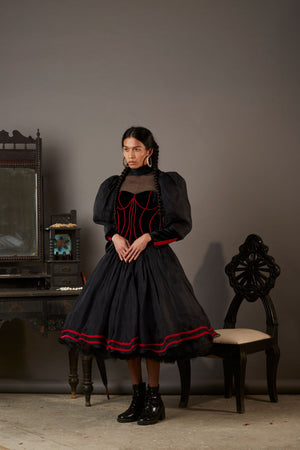 SMRITI MANDANA FT. MIDNIGHT DRESS IN SILK AND TULLE WITH SILK BLOUSE