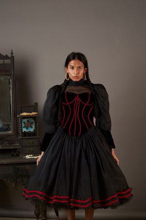 MIDNIGHT DRESS IN SILK AND TULLE WITH SILK BLOUSE