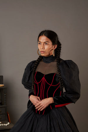 SMRITI MANDANA FT. MIDNIGHT DRESS IN SILK AND TULLE WITH SILK BLOUSE