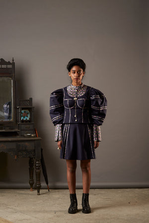 SUITING SKIRT-SHORTS WITH HANDWOVEN BANARASI BROCADE TAPE IN NAVY