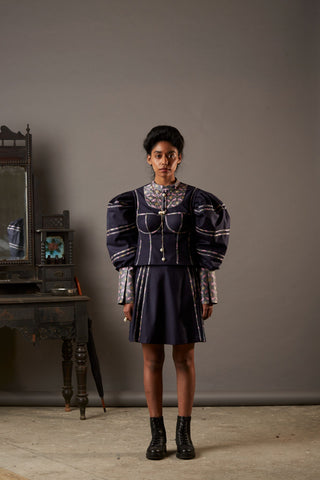 SUITING SKIRT-SHORTS WITH HANDWOVEN BANARASI BROCADE TAPE IN NAVY