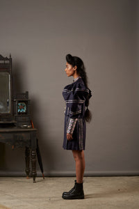 SUITING SKIRT-SHORTS WITH HANDWOVEN BANARASI BROCADE TAPE IN NAVY