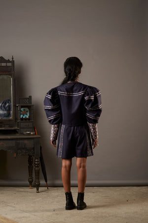 WOLF WING SUITING BLOUSE WITH HANDWOVEN BANARASI BROCADE HIGHLIGHTS IN NAVY