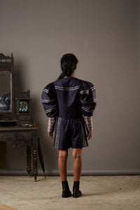 WOLF WING SUITING BLOUSE WITH HANDWOVEN BANARASI BROCADE HIGHLIGHTS IN NAVY