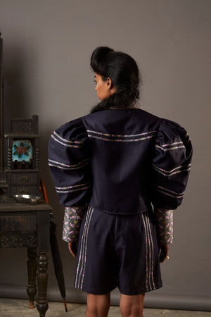WOLF WING SUITING BLOUSE WITH HANDWOVEN BANARASI BROCADE HIGHLIGHTS IN NAVY