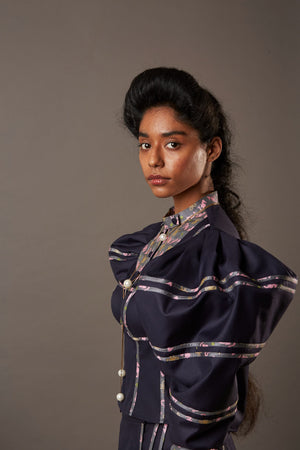 WOLF WING SUITING BLOUSE WITH HANDWOVEN BANARASI BROCADE HIGHLIGHTS IN NAVY