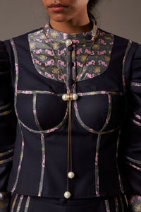 WOLF WING SUITING BLOUSE WITH HANDWOVEN BANARASI BROCADE HIGHLIGHTS IN NAVY