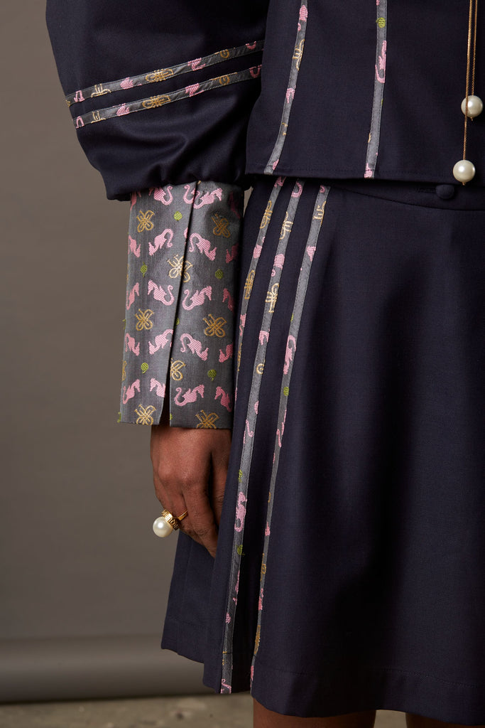 SUITING SKIRT-SHORTS WITH HANDWOVEN BANARASI BROCADE TAPE IN NAVY