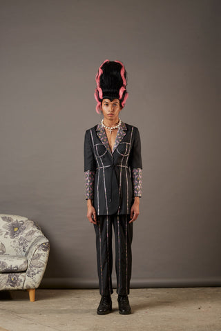 QUOD DINNER JACKET WITH HANDWOVEN BANARASI BROCADE TAPE IN GREY