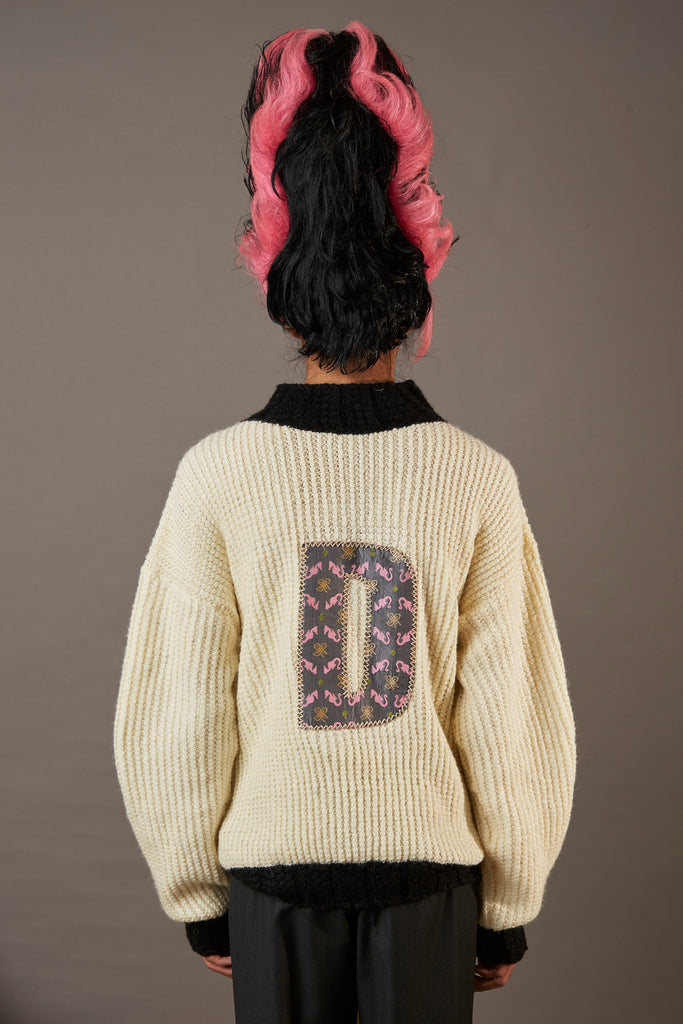 FOUR SLEEVE SWEATER WITH CUSTOM INITIAL BROCADE PATCH CREAM