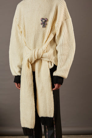 FOUR SLEEVE SWEATER WITH CUSTOM INITIAL BROCADE PATCH CREAM