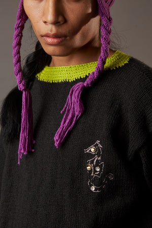 QUOD HAND EMBROIDERED SEAHORSE SWEATER IN ORGANIC WOOL IN BLACK